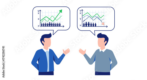 Two men discussing business charts and graphs sharing ideas and data analysis.
