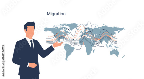 Migration concept with a businessman presenting a world map.