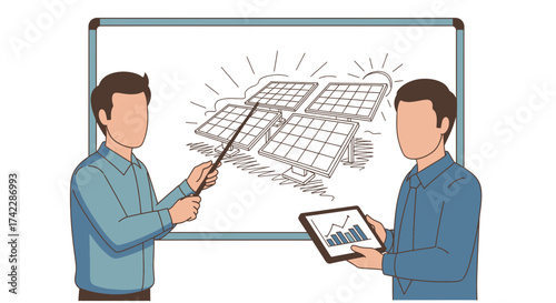 Two men discussing solar panel energy with a tablet and pointer.