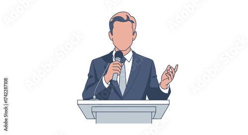 Man in suit giving a speech at a podium with a microphone.