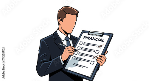 Businessman reviewing financial checklist on clipboard business concept.