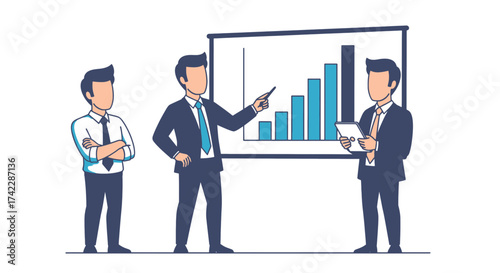 Business presentation with three men in suits one pointing at a graph.