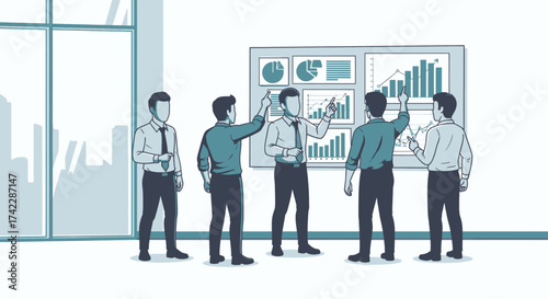 Business team members presenting financial data on a whiteboard in office.