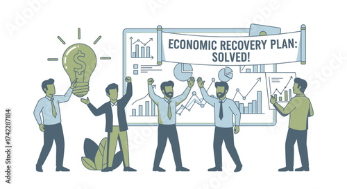 Economic recovery plan solved with business people and graphs.