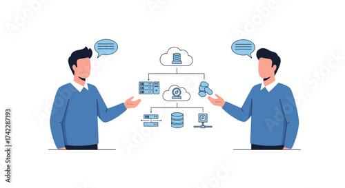 Cloud Computing Collaboration Two Professionals Discussing Data Infrastructure.