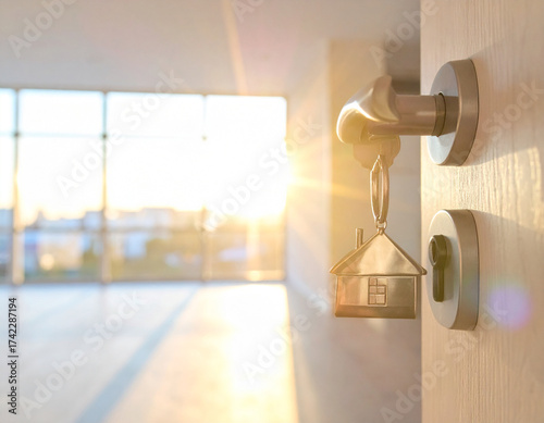 Golden Key to a New Home Sunrise illuminating a newly opened door