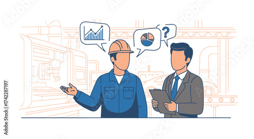 Factory workers discussing production and data analysis with charts and graphs.