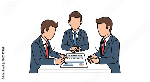 Business professionals signing partnership agreement at a meeting.