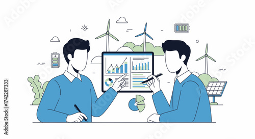 Two men discussing renewable energy and sustainable development strategies.