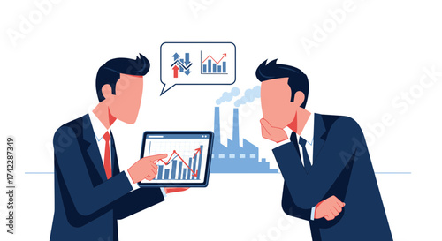 Business professionals discussing financial data and market analysis with charts and graphs.