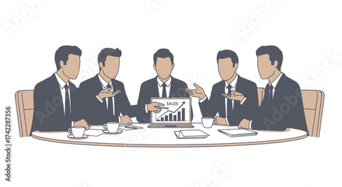 Business meeting with people discussing sales data on laptop computer.