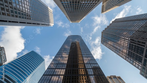 Looking up at skyscrapers against a blue sky with clouds in the city