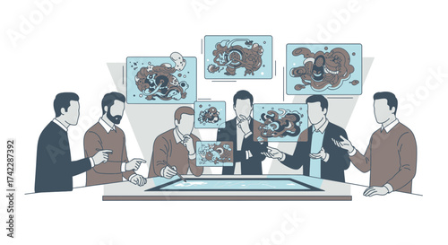 Business team meeting around a digital interactive table.