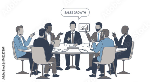 Business meeting discussing sales growth and financial performance with charts and graphs.