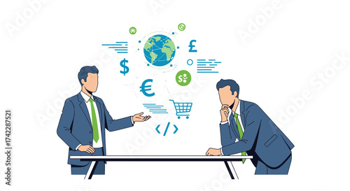 Businessmen discussing global financial transactions and online shopping.