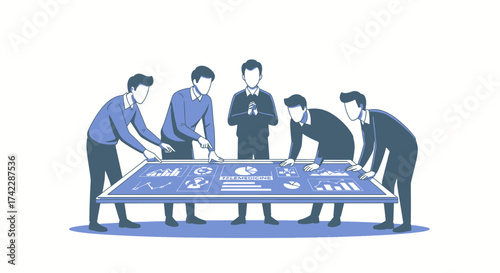 Team of professionals collaborating on telemedicine data analysis and research.