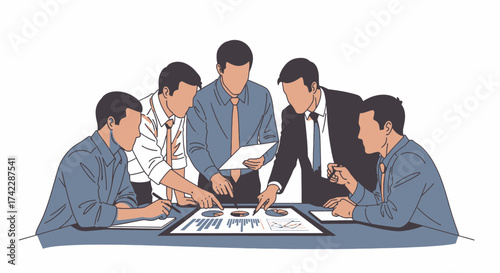 Business team meeting around a table discussing financial data and charts.