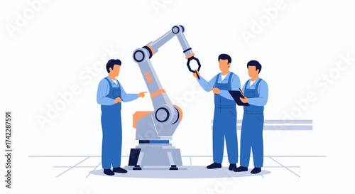 Engineers inspecting and maintaining a robotic arm in a factory setting.