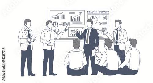 Business presentation on disaster recovery with team members.