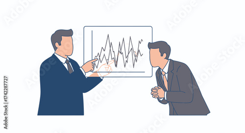 Business presentation with two men discussing financial data analysis on a chart.