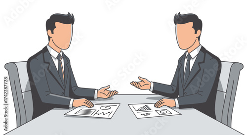 Two businessmen in suits are sitting at a table and discussing documents.