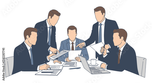 Business meeting with people discussing contract and laptop.