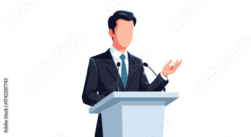 Man in a suit giving a speech at a podium with microphones.