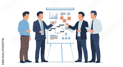 Business team presentation with a flip chart and diagrams.