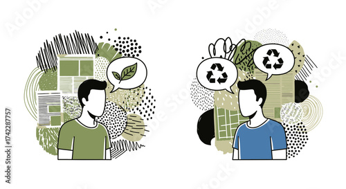 Two people discussing environmental issues and sustainability concepts with speech bubbles.