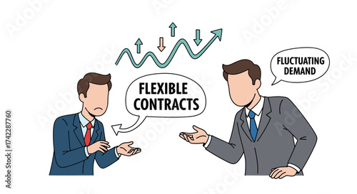 Businessmen discussing flexible contracts to manage fluctuating demand in the market.