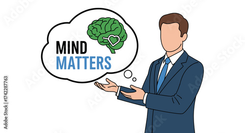 Mind Matters Concept with Businessman Presenting Brain and Heart Symbol.