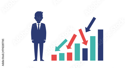 Business person with decreasing graph showing financial decline and economic downturn.