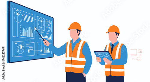 Two construction workers analyzing data on a digital screen and tablet.