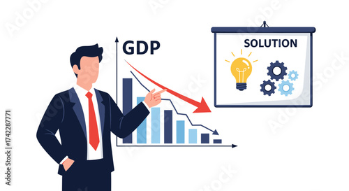 Economic downturn presentation with businessman pointing at declining GDP chart and solution.