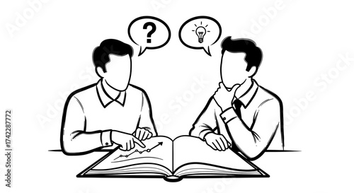 Two businessmen discussing a book with a graph one has a question the other an idea.