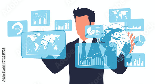 Business professional analyzing global data and financial charts for strategic planning.