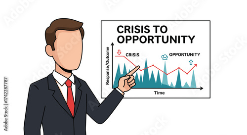 Business professional presenting a crisis to opportunity graph for strategic planning.
