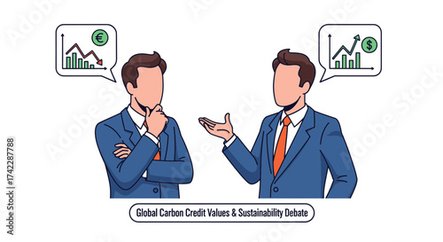 Business professionals discussing global carbon credit values and sustainability debate.