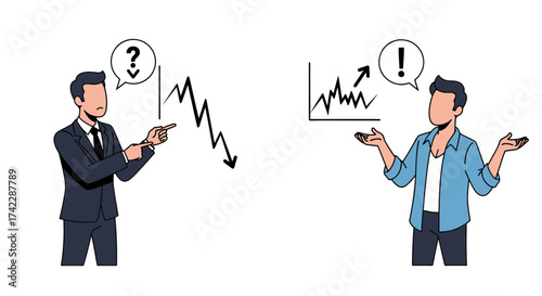 Business people with question and exclamation marks about financial charts.