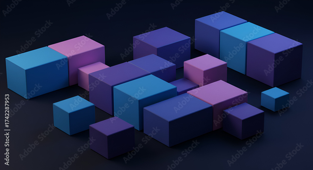 Fototapeta premium Abstract geometric arrangement of blue, purple, and pink cubes on a dark background