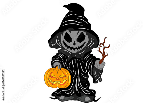 cartoon vector illustration featuring a dark and spooky Halloween character. The figure is dressed in a black grim reaper robe and a wide, pointed hat