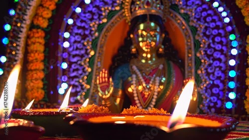 Beautiful colorful diya lamps with the statue of Goddess Laxmi during Laxmi Pujan on Diwali, the vibrant Indian festival of lights symbolizing prosperity and joy.