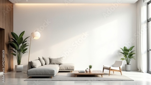 Maqueta de pared blanca en blanco en una sala de estar minimalista, muebles modernos e iluminación suave, espacio de copia perfecto para exhibir obras de arte
