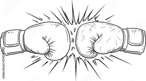 Boxing gloves collision sketch with impact lines, symbolizing conflict, competition, teamwork, sports energy, strength, power, and dramatic action moment