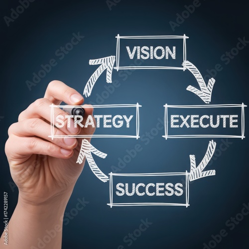 Hand drawing business cycle of vision, execute, strategy, and success