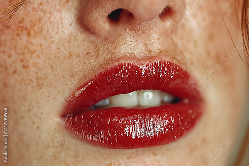 Close-Up of Beautiful Red Lips with Glossy Sensual Shine