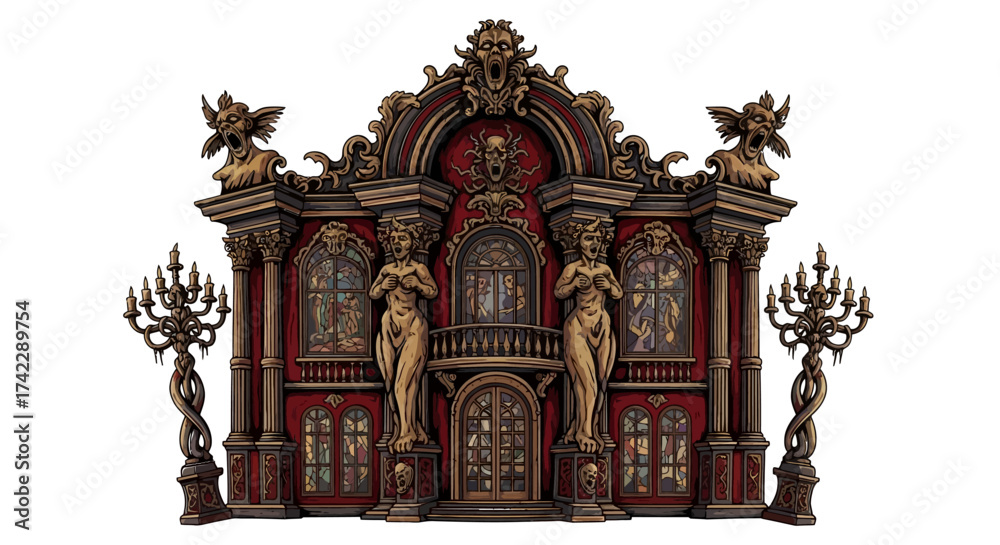 Fototapeta premium Enter the Haunted Mansion featuring stained glass, statues, and ornate details conveying a chilling, gothic, and fantastical experience for Halloween lovers