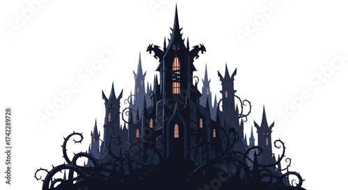 Spooky haunted castle with menacing gargoyles, perfect for Halloween invitations and gothic fantasy designs, creating a chilling atmosphere of mystery