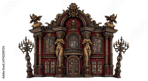 Enter the Haunted Mansion featuring stained glass, statues, and ornate details conveying a chilling, gothic, and fantastical experience for Halloween lovers