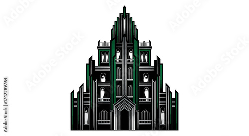 Haunted art deco mansion with friendly ghosts, perfect for Halloween invites and spooky season backgrounds or modern architecture with a ghostly twist